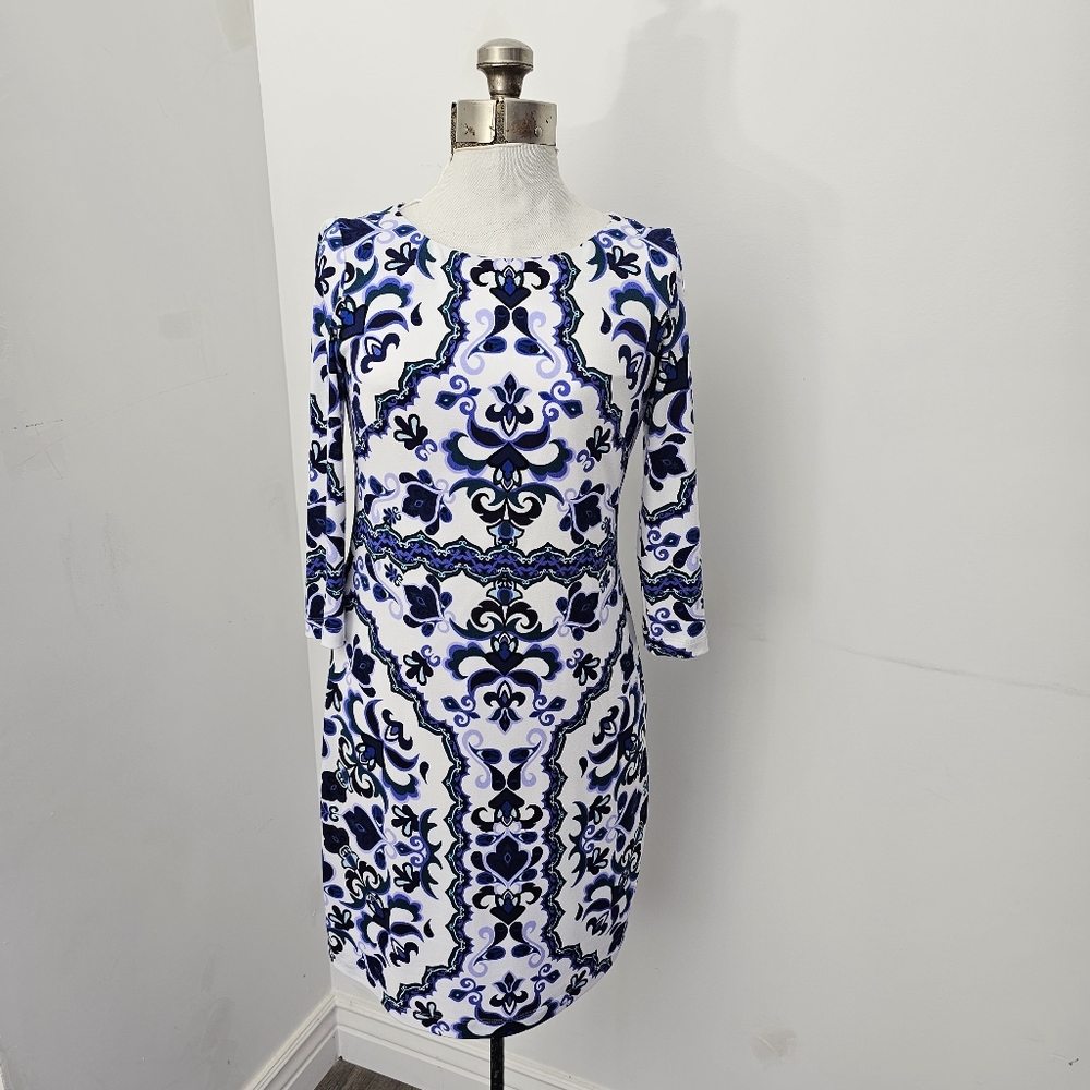 Vince Camuto white blue printed sheath dress size 2